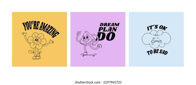 Vector illustration set of character- daisy flower, watermelon and cloud with typography quotes. Groovy stickers for print