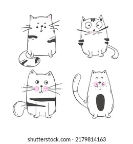 Conjunto de ilustraciones vectoriales del contorno de diseño de caracteres del estilo de doodle Dibujo gato. aislado en blanco. Ilustración del vector