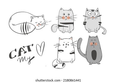 Vector illustration set of character design outline of cat Draw doodle style. isolated on white. Vector illustration