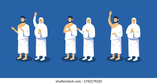 ilustración vectorial para conjunto carácter peregrinación islámica hajj hombre y mujeres 