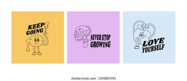 Vector illustration set of character- lemon, mushroom and peach with typography quote. Groovy stickers for print