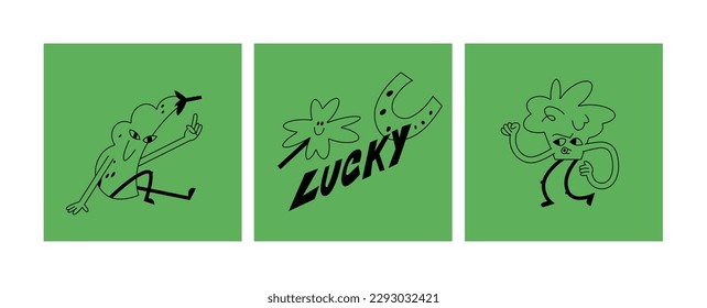 Vector illustration set of character- pear, clover and broccoli. Groovy stickers for print