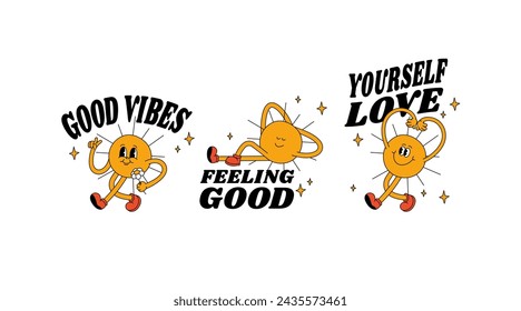 Ilustración vectorial set personaje sol con cara feliz -en estilo retro y citas tipográficas positivas y de motivación. Pegatina Groovy con planta para imprimir