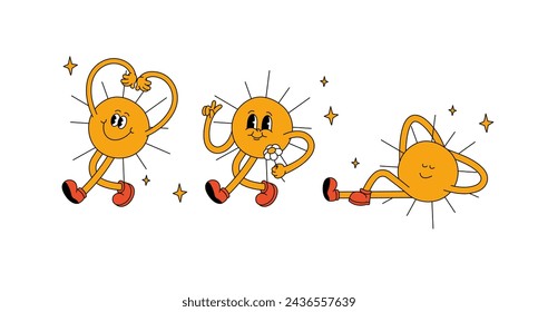 Vector illustration set character sun with happy face ?n retro style. Groovy sticker with plant for print