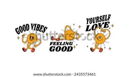 Vector illustration set character sun with happy face ?n retro style and positive and motivation typography quotes. Groovy sticker with plant for print Foto stock © 
