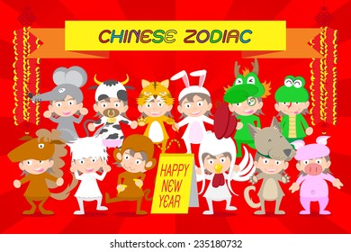 Vector illustration set characters of cute kid in Chinese zodiac animal doll icons