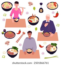 Ilustración vectorial de un conjunto de personajes que disfrutan de los fideos en tazones llenos de varios platos de fideos asiáticos e ingredientes como salsa de soja, champiñones y pimientos picantes. Fondo aislado.