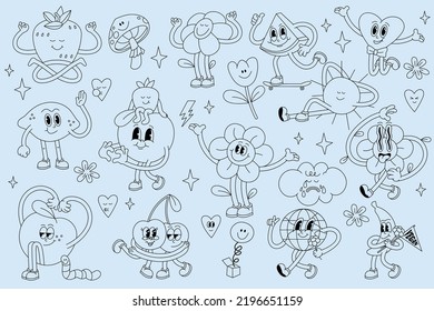 Conjunto de ilustraciones vectoriales de caracteres ìn estilo retro. Etiquetas Groovy para impresión