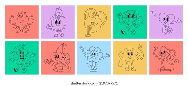 Vector illustration set of characters ìn retro style. Groovy stickers for print