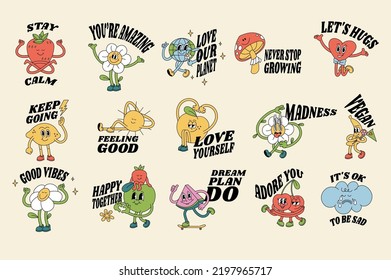 Vector illustration set of characters ìn retro style and typography quote. Groovy stickers with for print