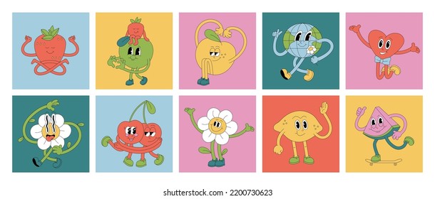 Vector illustration set of characters ìn retro style. Groovy stickers for print