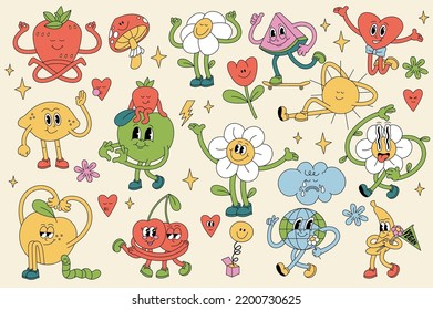 Vector illustration set of characters ìn retro style. Groovy stickers for print