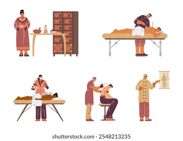 Ilustração vetorial de um conjunto com personagens submetidos a acupuntura, ervas e terapia a vácuo. Medicina oriental alternativa. Estilo plano. Plano de fundo isolado.