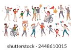 Vector illustration set of cheering supporters, sports spectators, and cheering children.