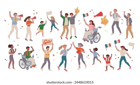 Vector illustration set of cheering supporters, sports spectators, and cheering children.