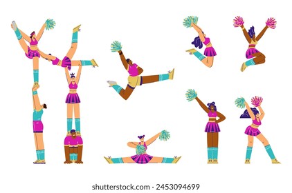 Vector illustration set of cheerleaders performing stunts and poses with pom-poms, depicting energy and team spirit