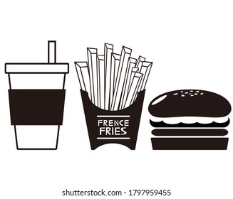 Vector illustration of a set of cheese and beef burger with french fries and juice