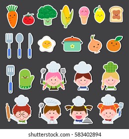 Vector Illustration Set Of Chef Kids And Kitchen Elements 