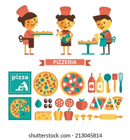 Vector Illustration Set Chefs Preparing Pizza Stock Vector (Royalty ...