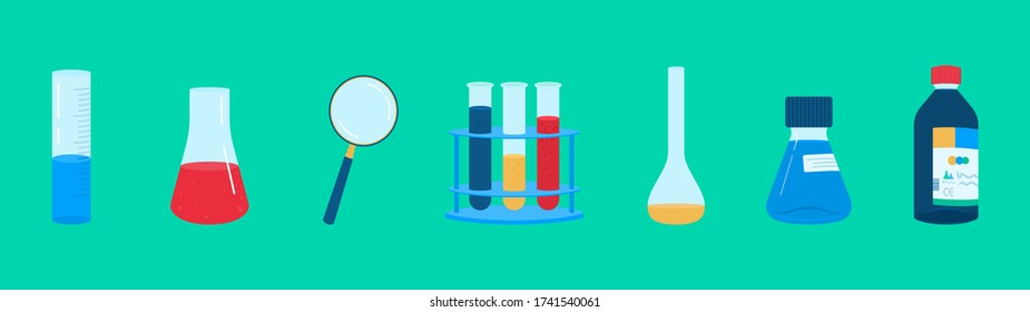 Vector illustration of a set of chemical appliances, dishes and various liquids. Isolated objects on scientific and medical topics.