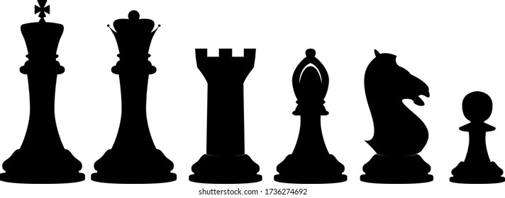 Vector illustration set of chess pieces, blacks and whites, contains all pieces: king, queen, tower, bishop, knight and pawn. Only silouethes. svg