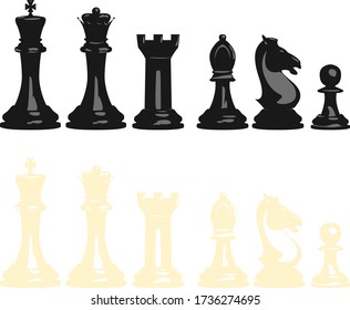 Vector illustration set of chess pieces, blacks and whites, contains all pieces: king, queen, tower, bishop, knight and pawn. svg