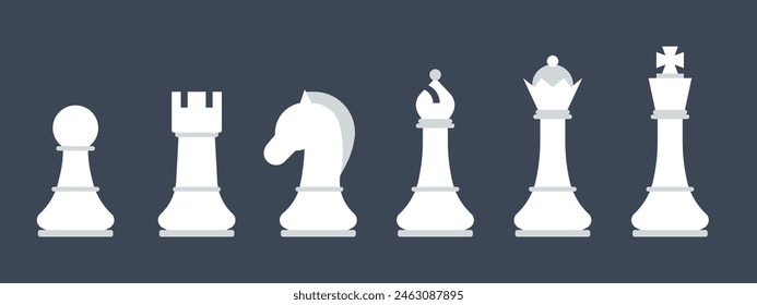Vector illustration of a set of chess pieces in a white color, isolated on a grey background