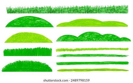 Vector illustration set of childlike drawings of grass, lawn and meadows