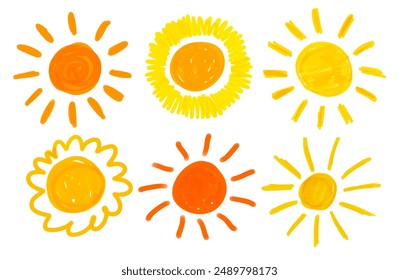 Vector illustration set of childlike drawings of sun with rays