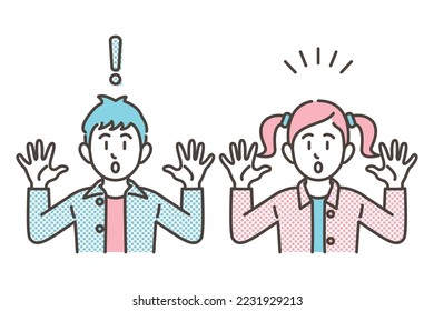 Vector illustration set of children (boy, girl) noticed or surprised