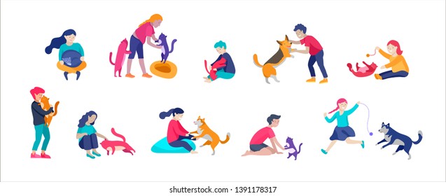 Vector illustration set of children with cats and dog. Happy, funny kids playing, love and taking care of kittens, pet animals in flat cartoon style.