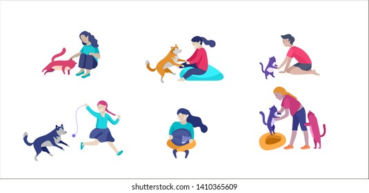 Vector illustration set of children with cats and dog. Happy, funny kids playing, love and taking care of kittens, pet animals in flat cartoon style.