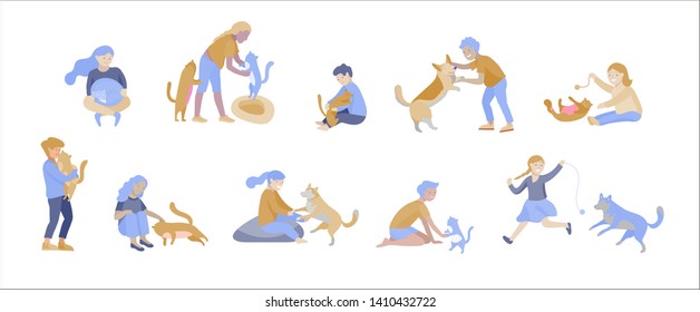 Vector illustration set of children with cats and dog. Happy, funny kids playing, love and taking care of kittens, pet animals in flat cartoon style.
