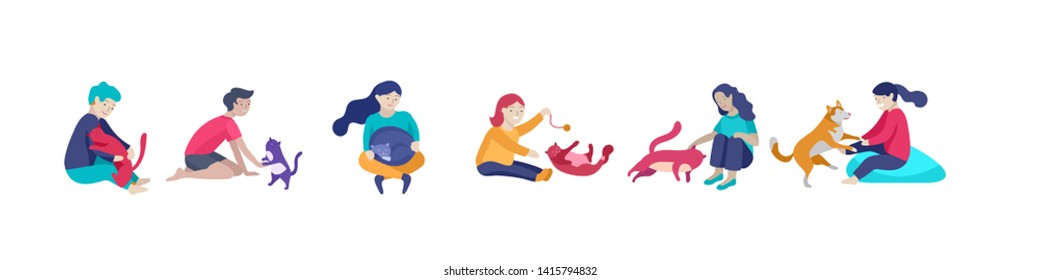 Vector illustration set of children with cats and dog. Happy, funny kids playing, love and taking care of kittens, pet animals in flat cartoon style.