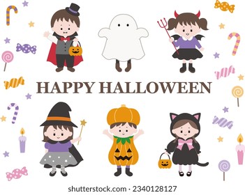 Vector illustration set of children in cute Halloween costumes and sweets 　　　Autumn, October, icons, Halloween