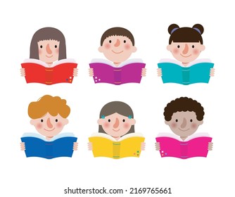 Vector Illustration Set Of Children Education, Kids Reading Book isolated on white background
