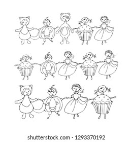 Vector illustration. Set. Children in food costumes. Pumpkin, cat, cupcake, Princess. Halloween costumes. Fancy dresses. Black and white, graphic, contour, isolated, without background.