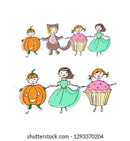 Vector illustration. Set. Children in food costumes. Pumpkin, cat, cupcake, Princess. Halloween costumes. Fancy dresses.