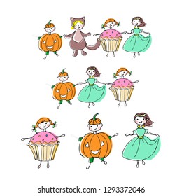 Vector illustration. Set. Children in food costumes. Pumpkin, cat, cupcake, Princess. Halloween costumes. Fancy dresses.
