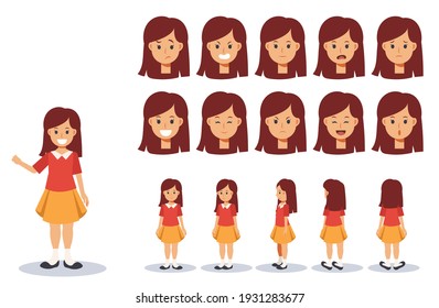 Vector illustration set of children girl wear casual clothing character in various action. emotion expression. Front, side, back view animated character.