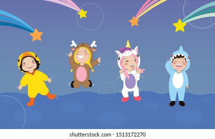 Vector illustration set, children in pajamas party.