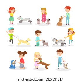 Vector Illustration Set Children Playing Dogs Stock Vector (Royalty ...