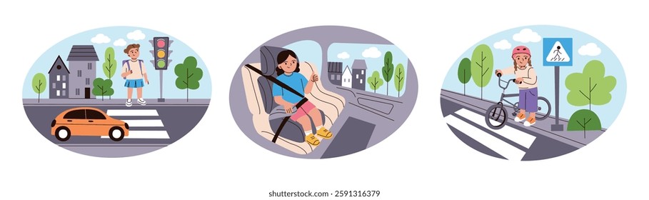 Vector illustration set of children road safety. Pedestrian crossing, bike helmet, seatbelt in car. Flat, cartoon girls characters. Traffic rules for kids, awareness, transportation, urban environment