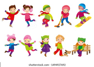 Vector illustration set of children skating and walking in frosty winter