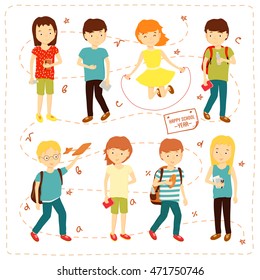 Vector illustration set of children students pupils doing different fun activities liking painting studying sports