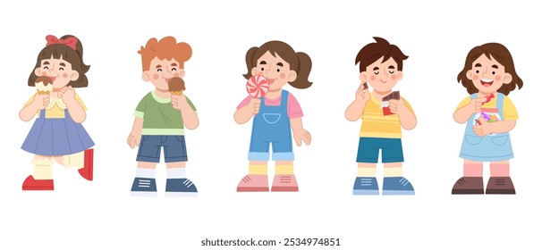 Vector illustration set of children with sweet dessert snacks