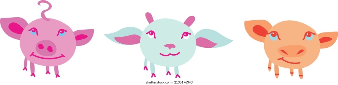 Vector illustration. A set with children's animal characters. Piglet, lamb and calf