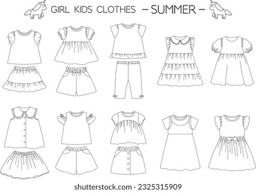 Vector illustration set of children's clothing coordination for summer girls such as blouses, T-shirts, dresses, skirts and culottes