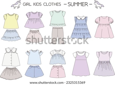 Vector illustration set of children's clothing coordination for summer girls such as blouses, T-shirts, dresses, skirts and culottes