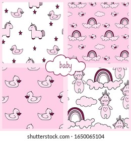 Vector illustration. Set of children's seamless patterns. With simple silhouettes of toys, clouds, stars in pink and white colors.  In the style of Doodle, childish, cute. For children's textiles and 